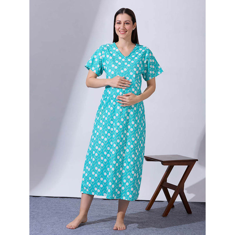 Blush9 Maternity Blue Printed Maternity and Nursing Night Dress (L)