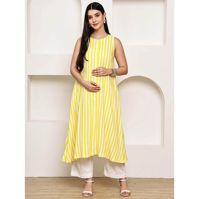 Secret Wish Yellow Striped Rayon Maternity Kurta with Pant (M)