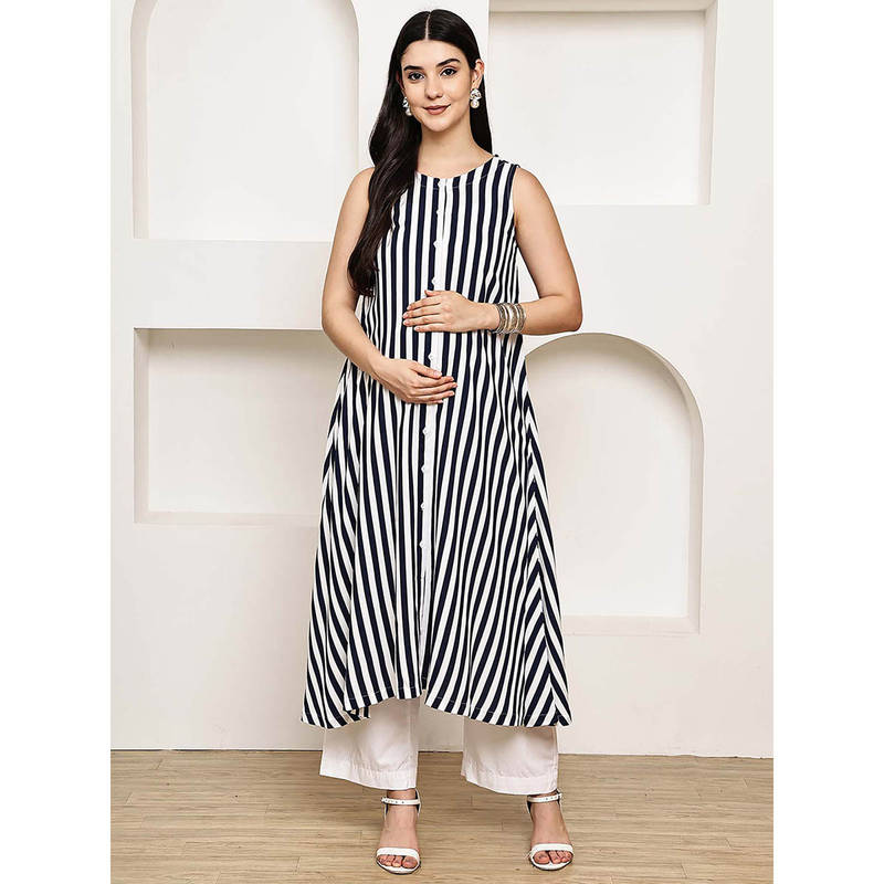 Secret Wish Navy Blue Striped Rayon Maternity Kurta with Pant (XL)