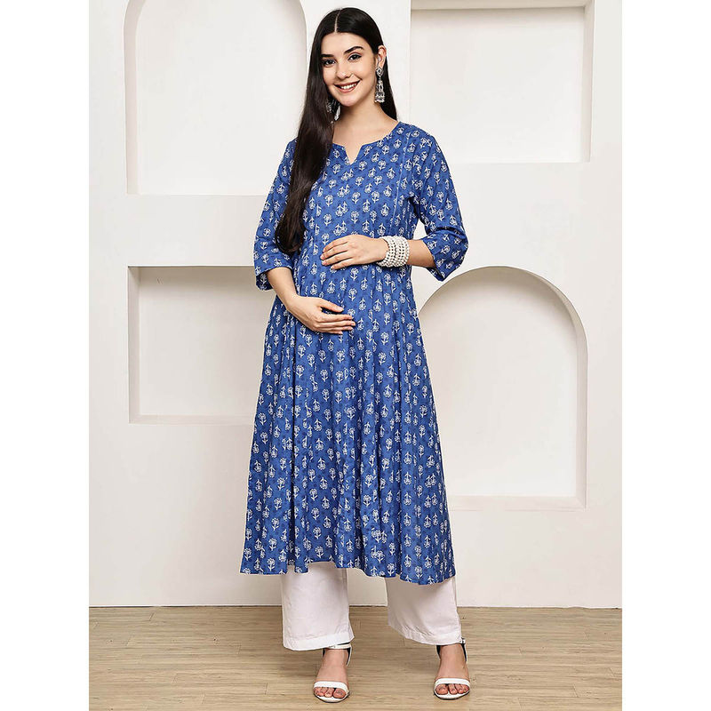 Secret Wish Blue Floral Cotton Maternity Kurta with Pant (L)