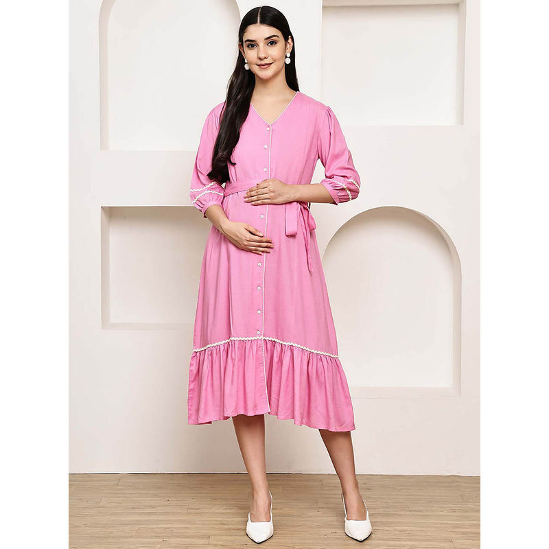 Secret Wish Pink Solid Rayon Maternity Dress with Belt (M)