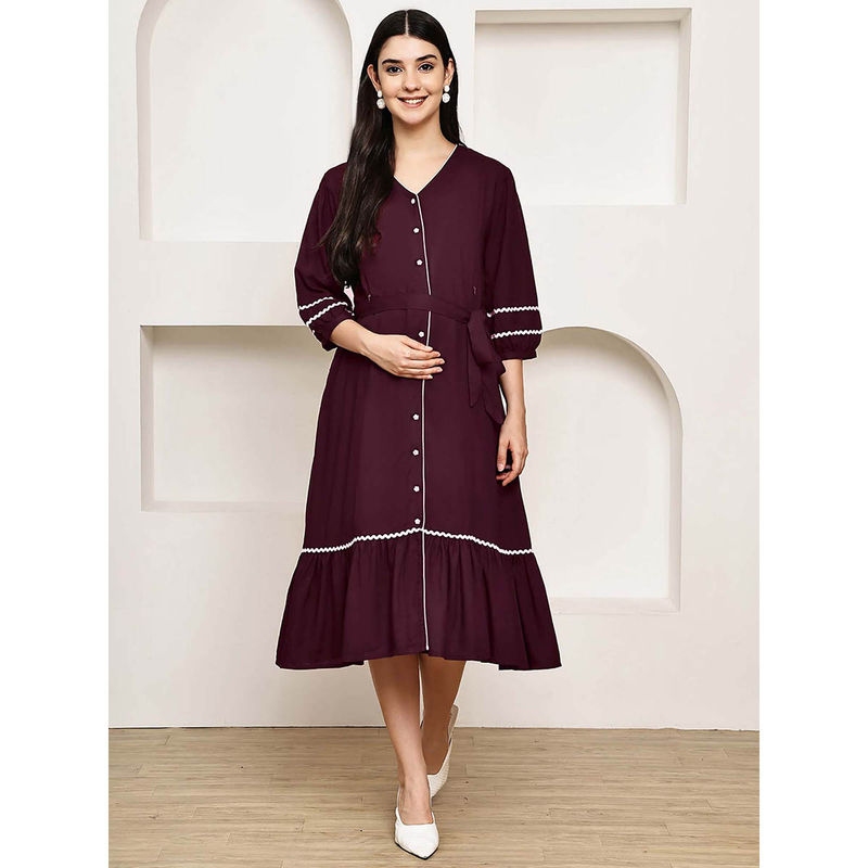 Secret Wish Wine Solid Rayon Maternity Dress with Belt (2XL)