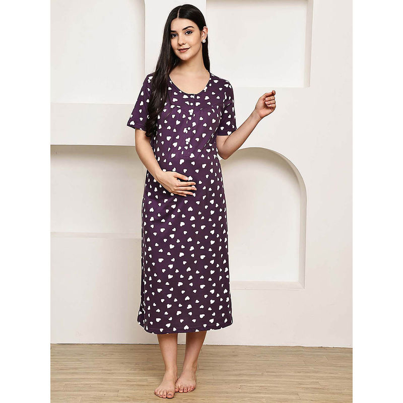 Secret Wish Purple Heart Print Hosiery Maternity Nighty (M)