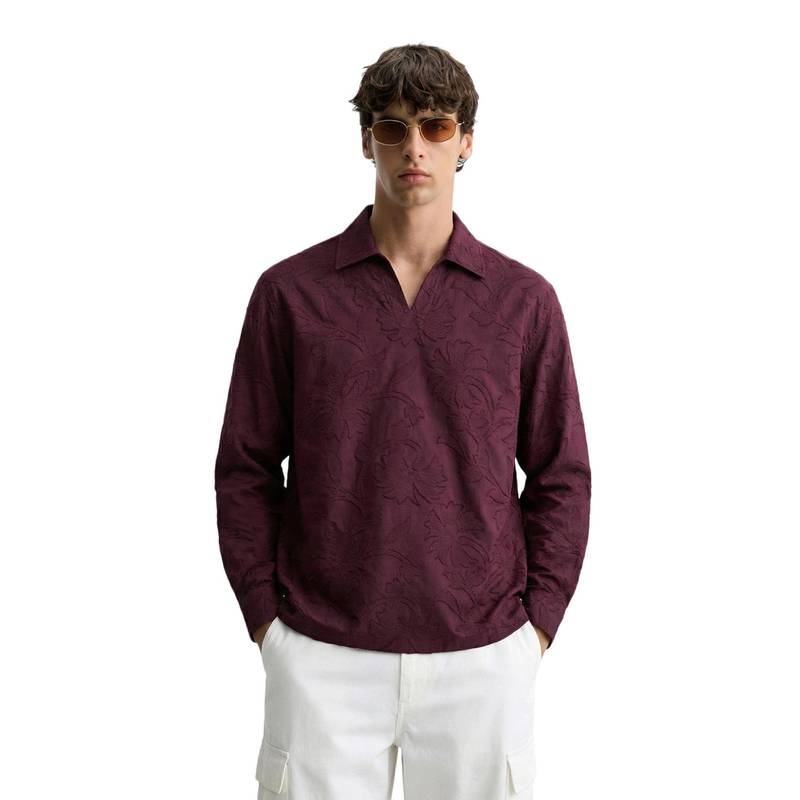 The Indian Garage Co Men's Maroon Relaxed Fit Resort Collar Shirt