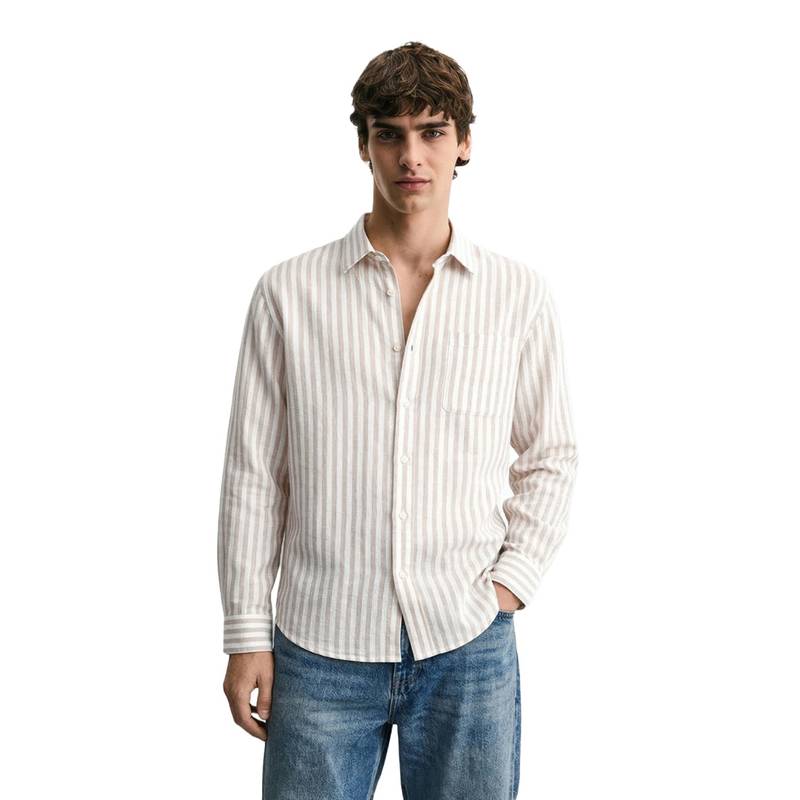 The Indian Garage Co Men's Khaki Relaxed Fit Striped Shirt (XL)
