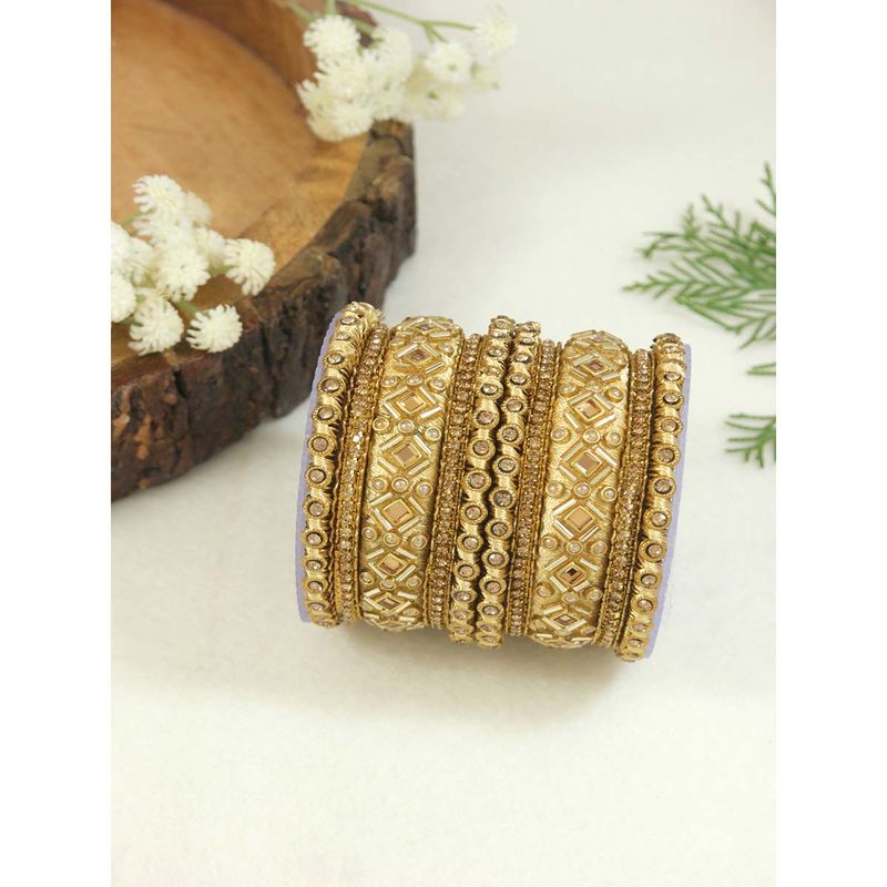 I Jewels Gold Plated Ethnic Gold Silk Thread with Kundan Work Bangle Set (2.4)