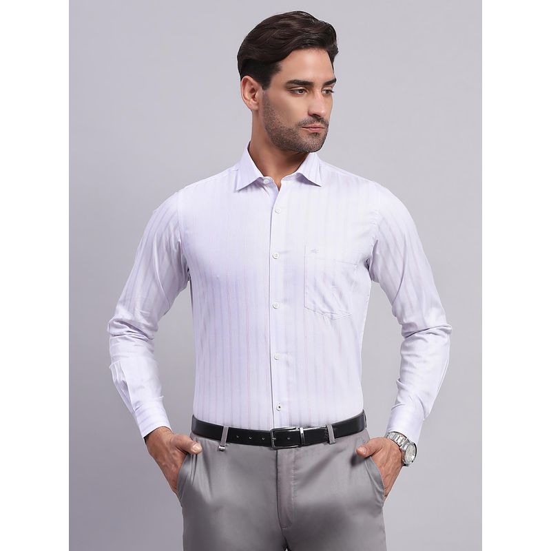 Monte Carlo Mens Striped Light Purple Collared Neck Full Sleeve Shirt (L)