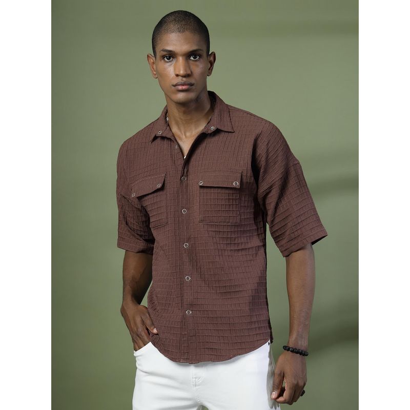 RIGO Men Brown Oversized Waffle Textured Shirt (S)