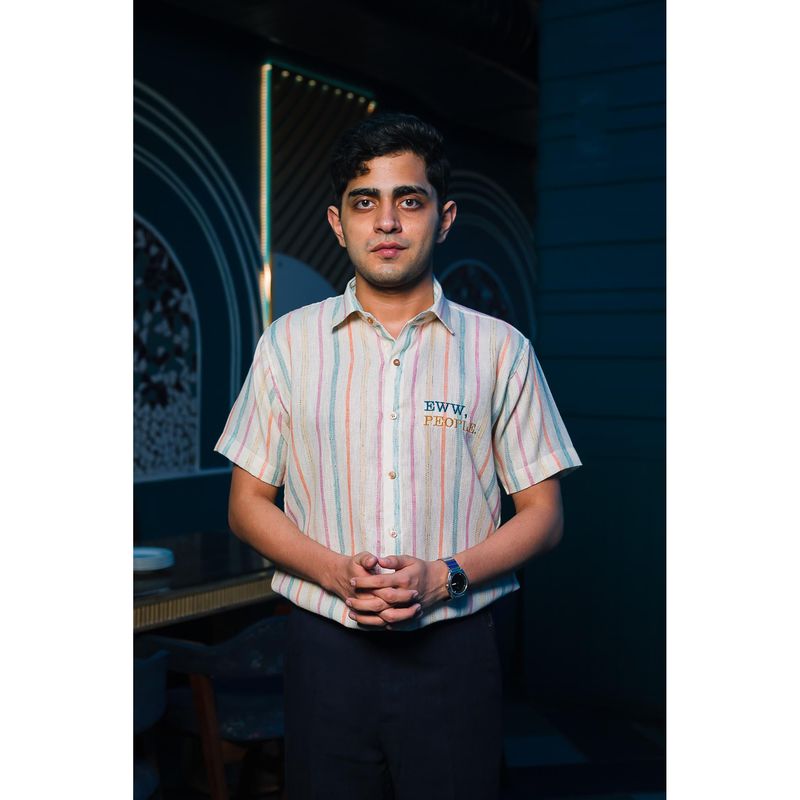 JAVINISHKA Striped Jute Eww People Embroidered Linen Shirt - Beige (S)