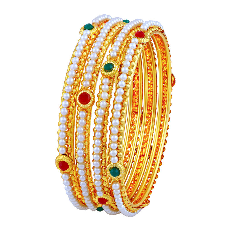 Asmitta Traditional Multicolor Kundan Pearl Studded Gold Toned Bangle Set - 2.6