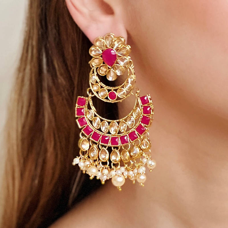 Red Kundan Oval Danglers