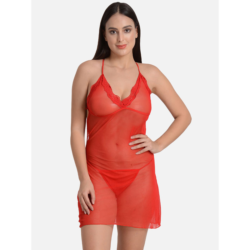 Mod & Shy Red Sexy Mesh Net Nightwear Babydoll Dress with G-String - Red (XS)