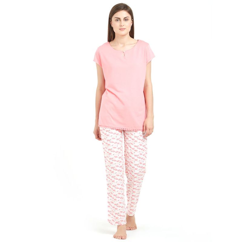 SOIE Women's Half Sleeve Top With Printed Pyjama Set - Pink (L)