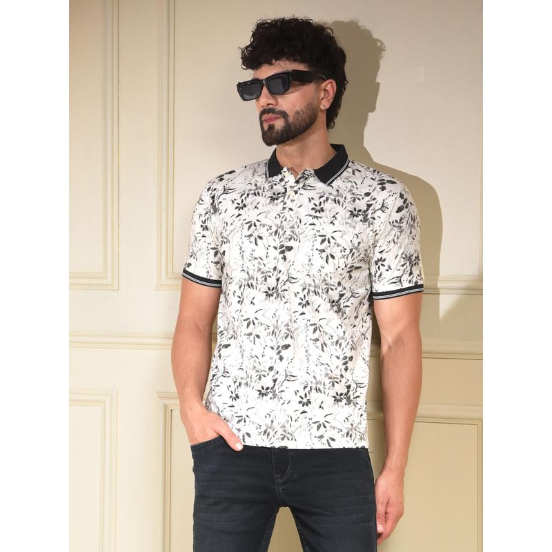 CRIMSOUNE CLUB Men White Floral Polo T-Shirt (S)