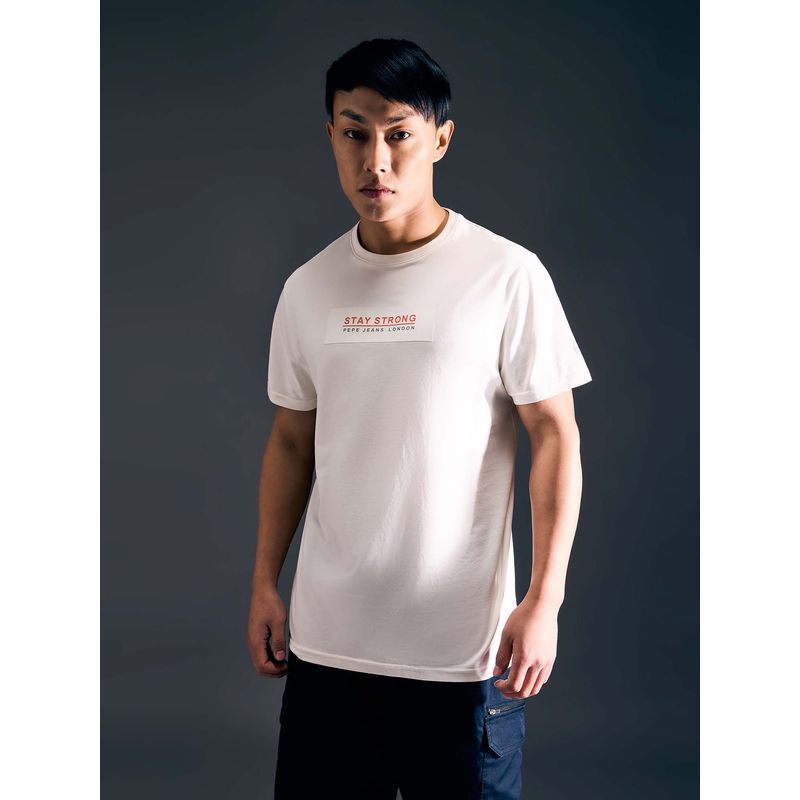 Pepe Jeans Men Ecru Typography Print Half Sleeves Stretch T-Shirt (S)