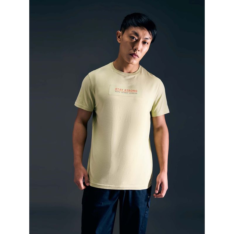 Pepe Jeans Men Green Typography Print Half Sleeves Stretch T-Shirt (S)