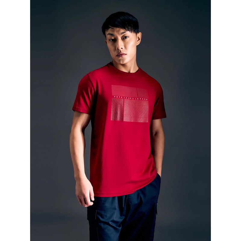 Pepe Jeans Men Red Geometric Print Half Sleeves Stretch T-Shirt (S)