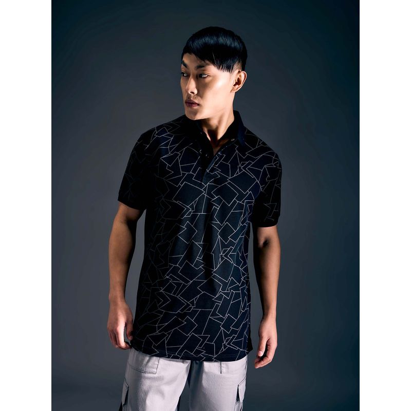 Pepe Jeans Men Black Geometric Print Half Sleeves Stretch Polo T-Shirt (S)