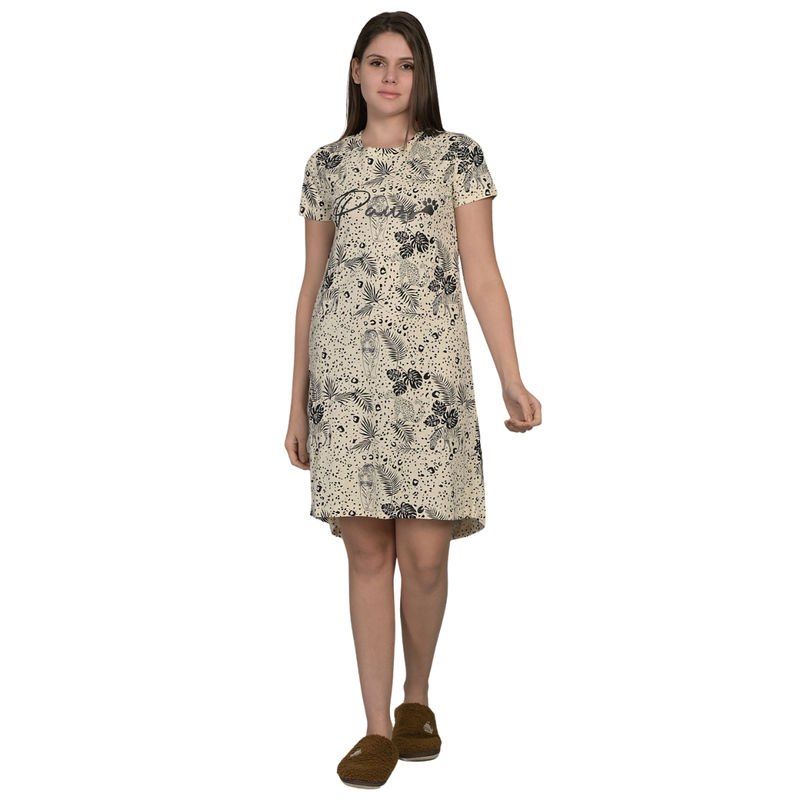 MAYSIXTY Soft Cotton Printed Off White Short Nighty (M)