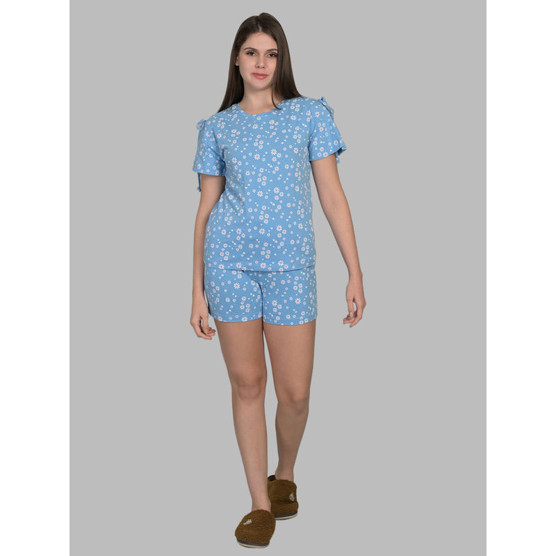 MAYSIXTY Pure Soft Cotton Printed Blue T-Shirt and Shorts (Set of 2) (2XL)