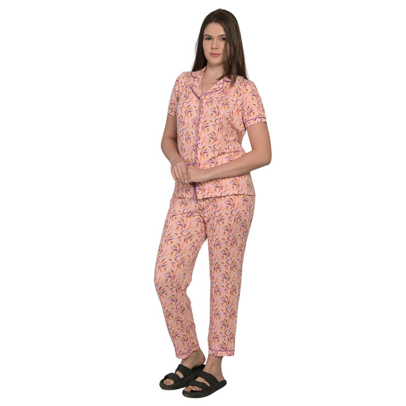 MAYSIXTY Women Pure Poly Brush Printed Collared Peach Half Sleeve Shirt with Pyjama (Set of 2) (S)