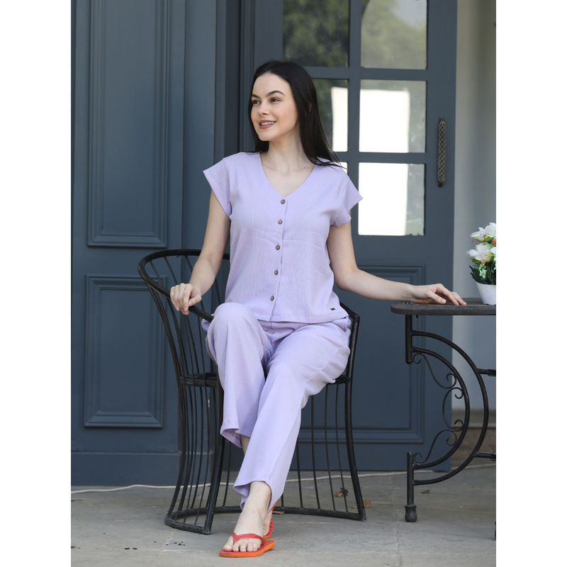 MAYSIXTY Women Pure Poly Crinkle Solid V Neck Blue Short Sleeve Top with Pyjama (Set of 2) (XL)