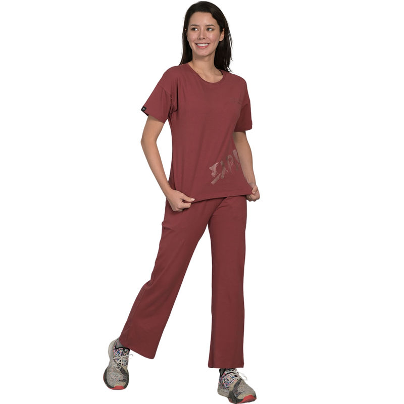 MAYSIXTY Women Cotton Printed Round Neck Mauve Half Sleeve T-Shirt with Pyjama (Set of 2) (XL)