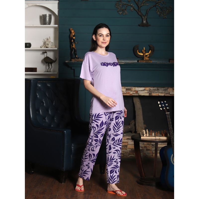 MAYSIXTY Women Viscose Rayon Printed Lavender Half Sleeve T-Shirt with Pyjama (Set of 2) (XL)