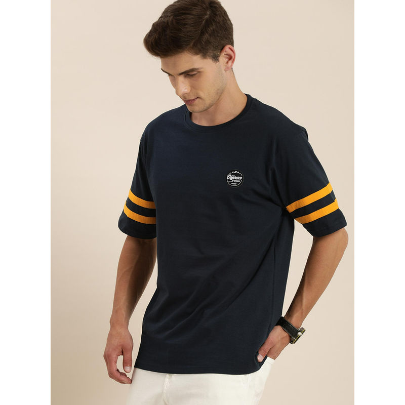 Difference of Opinion Navy Blue Solid Oversized T-Shirt (S)