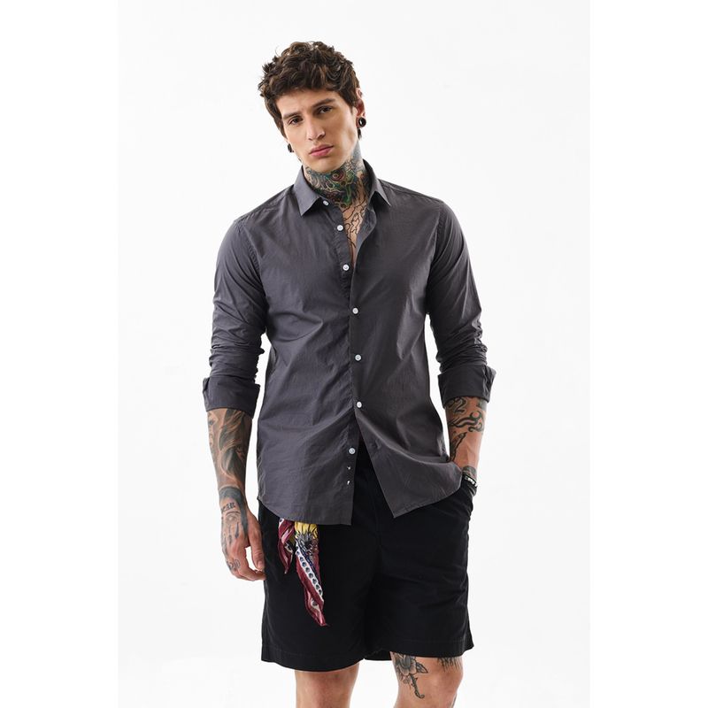 Snitch Men Cotton Solid Slim Fit Collar Neck Charcoal Casual Shirt (XL)