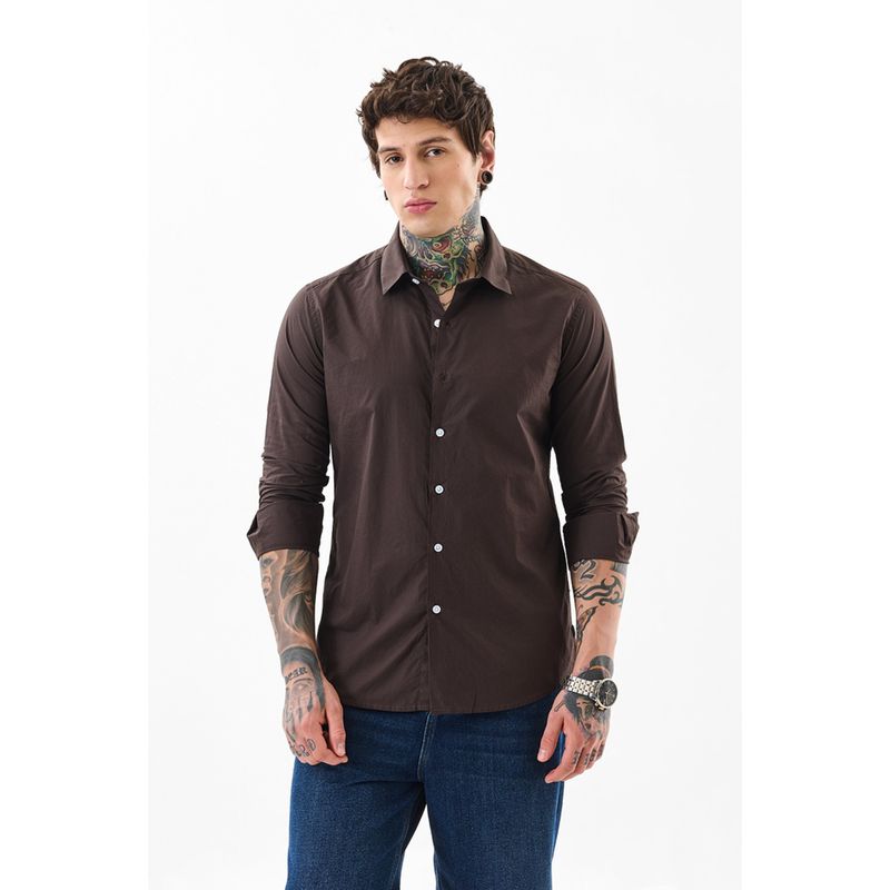 Snitch Men Cotton Solid Slim Fit Collar Neck Brown Casual Shirt (2XL)