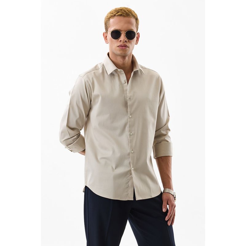 Snitch Men Cotton Blend Solid Slim Fit Collar Neck Beige Casual Shirt (XS)