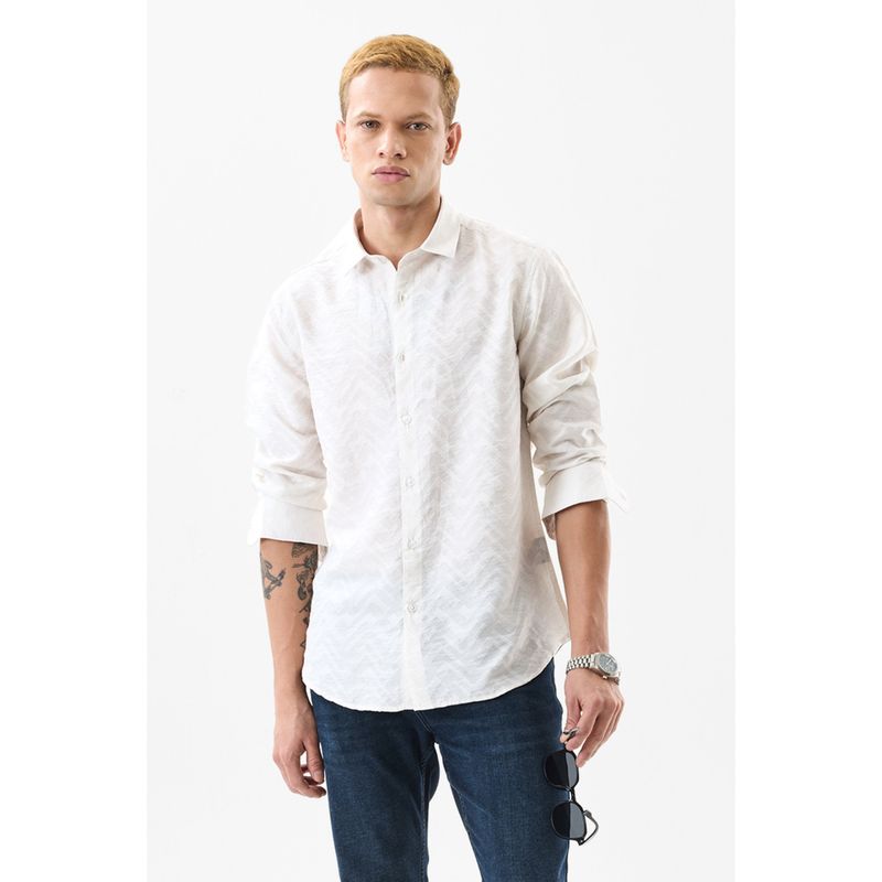 Snitch Men Lyocell Blend Textured Regular Fit Collar Neck Off White Casual Shirt (XS)