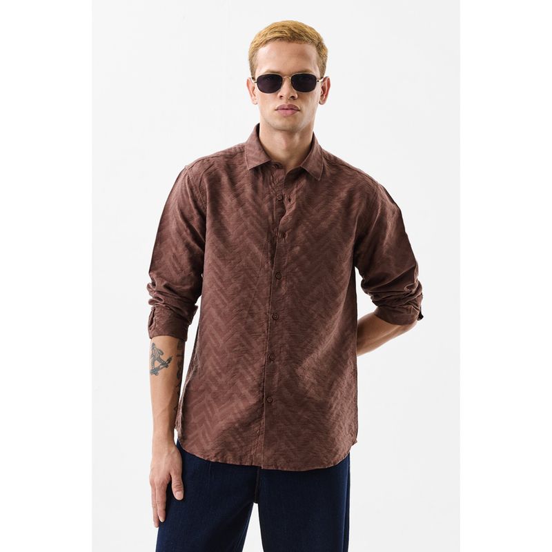 Snitch Men Lyocell Blend Textured Regular Fit Collar Neck Brown Casual Shirt (XS)