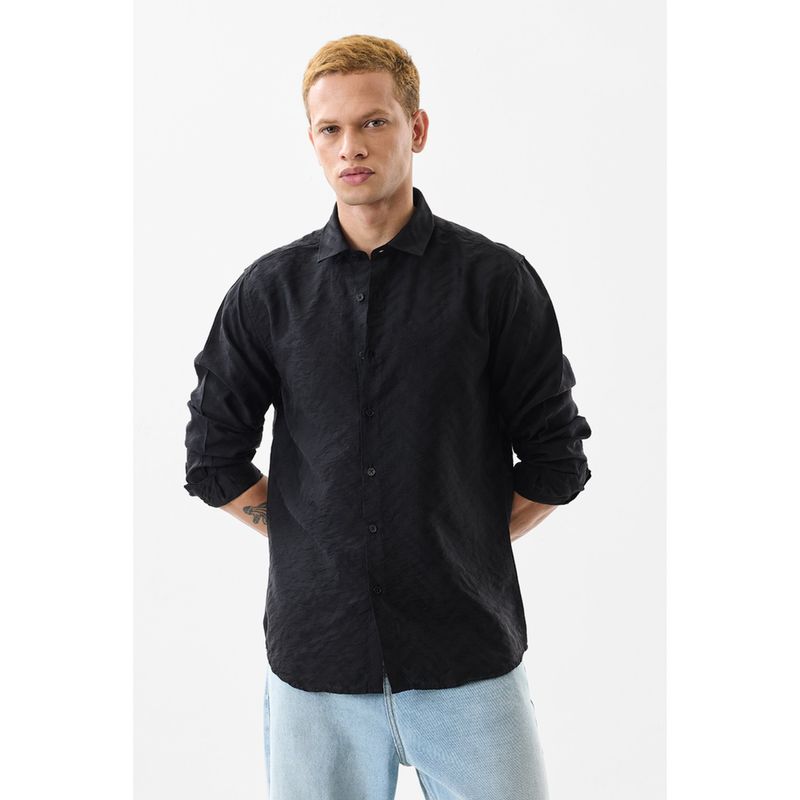 Snitch Men Lyocell Blend Textured Regular Fit Collar Neck Black Casual Shirt (XS)