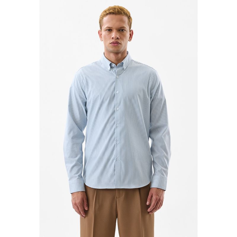 Snitch Men Polyester Blend Stripes Slim Fit Collar Neck Blue Casual Shirt (XS)