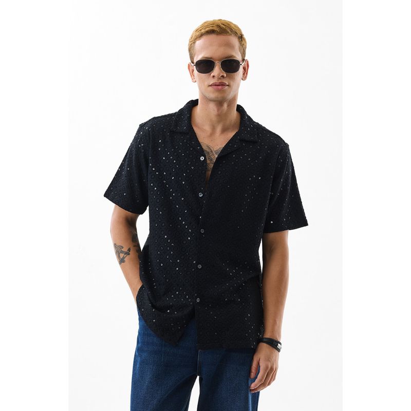 Snitch Men Viscose Embellished Boxy Fit Collar Neck Black Casual Shirt (M)