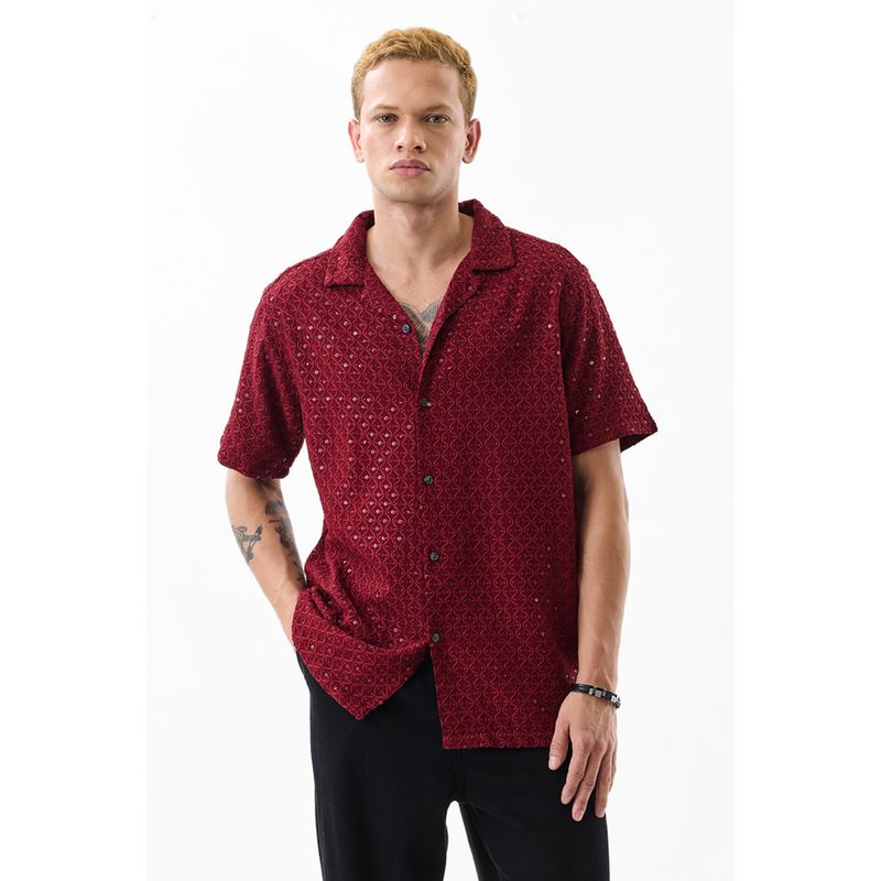Snitch Men Viscose Embellished Boxy Fit Collar Neck Maroon Casual Shirt (XS)