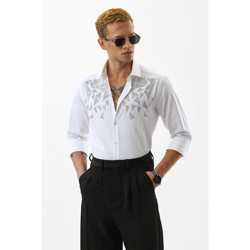 Snitch Men Cotton Embellished Slim Fit Collar Neck White Casual Shirt (M)