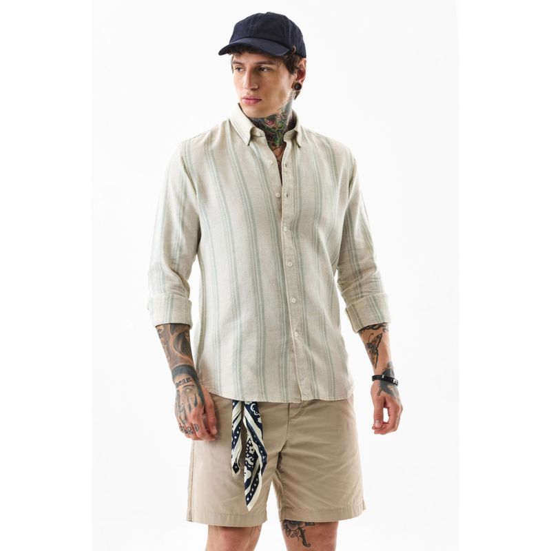 Snitch Men Lyocell Blend Stripes Slim Fit Collar Neck Off White Casual Shirt (L)