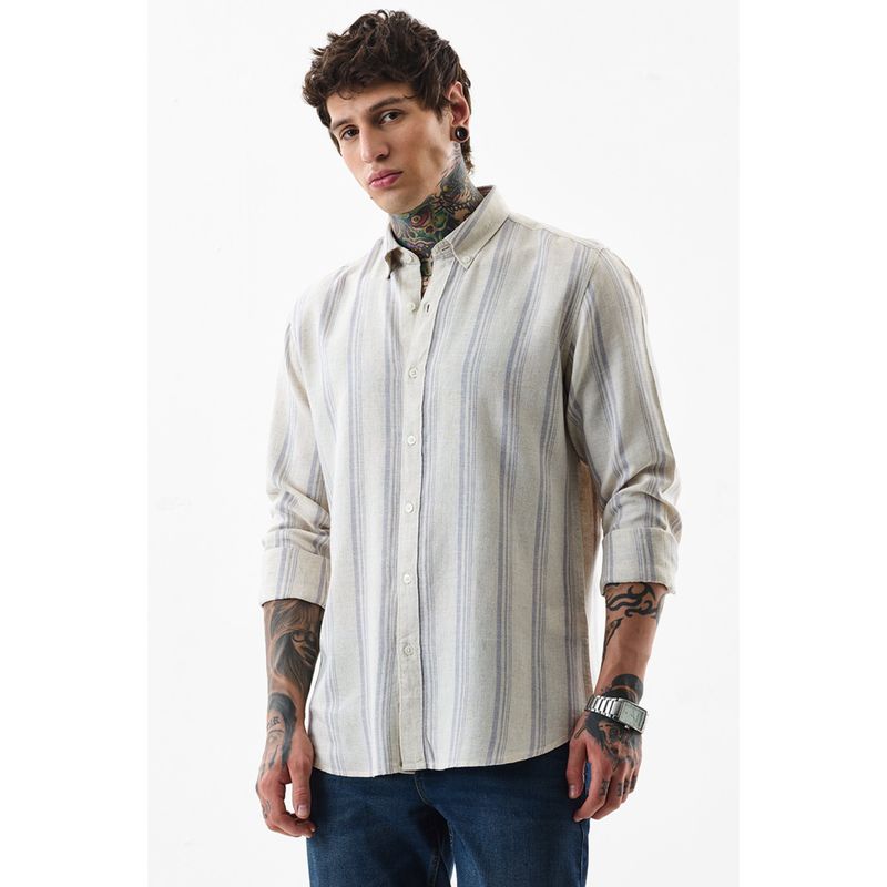 Snitch Men Lyocell Blend Stripes Slim Fit Collar Neck Off White Casual Shirt (M)