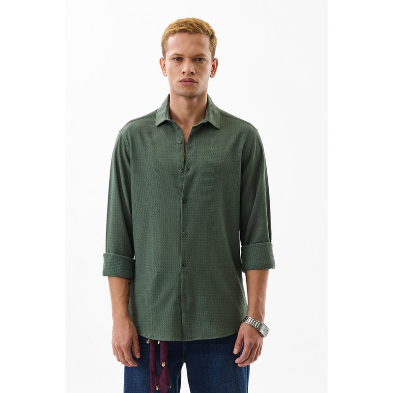 Snitch Men Polyester Blend Textured Slim Fit Collar Neck Green Casual Shirt (S)