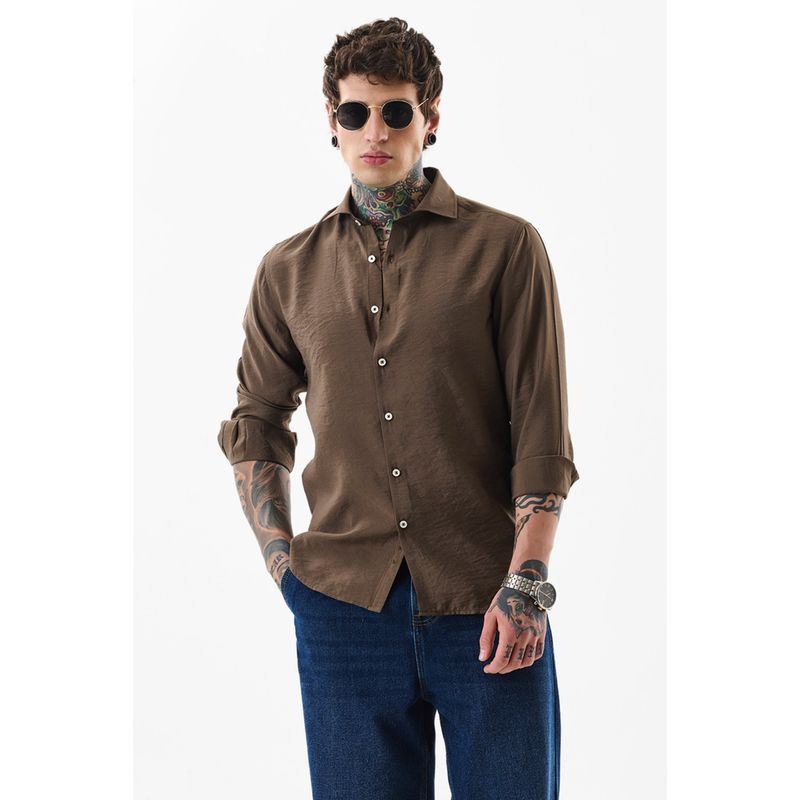 Snitch Men Modal Solid Slim Fit Collar Neck Brown Casual Shirt (2XL)