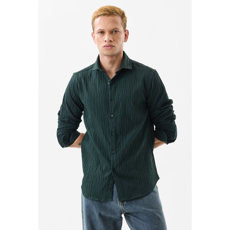 Snitch Men Polyester Textured Slim Fit Collar Neck Green Casual Shirt (S)