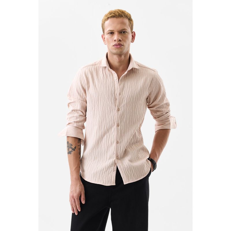 Snitch Men Polyester Textured Slim Fit Collar Neck Cream Casual Shirt (XS)