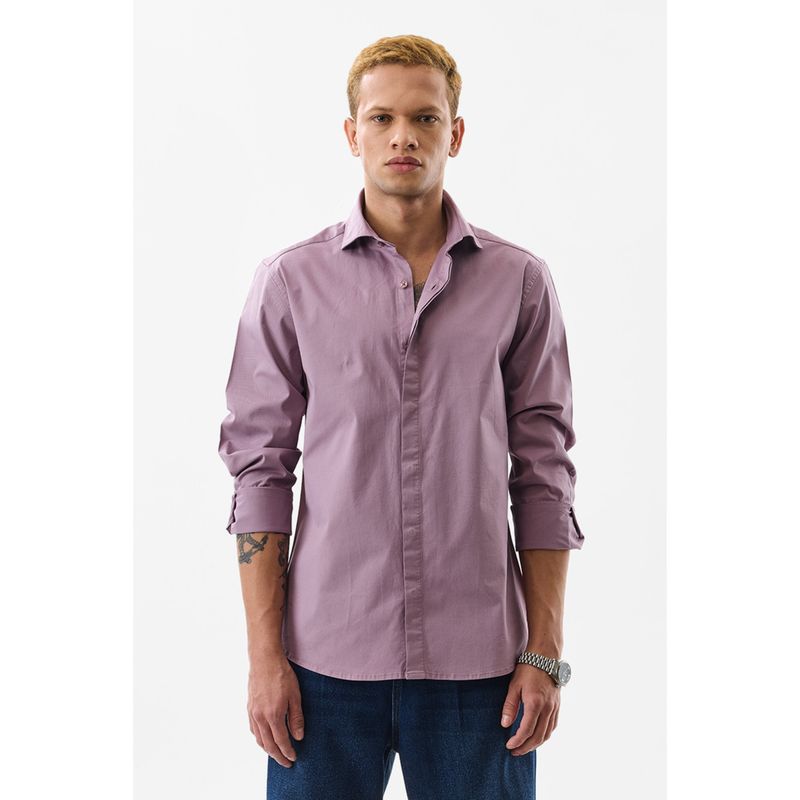 Snitch Men Cotton Lycra Solid Slim Fit Collar Neck Lavender Casual Shirt (XL)