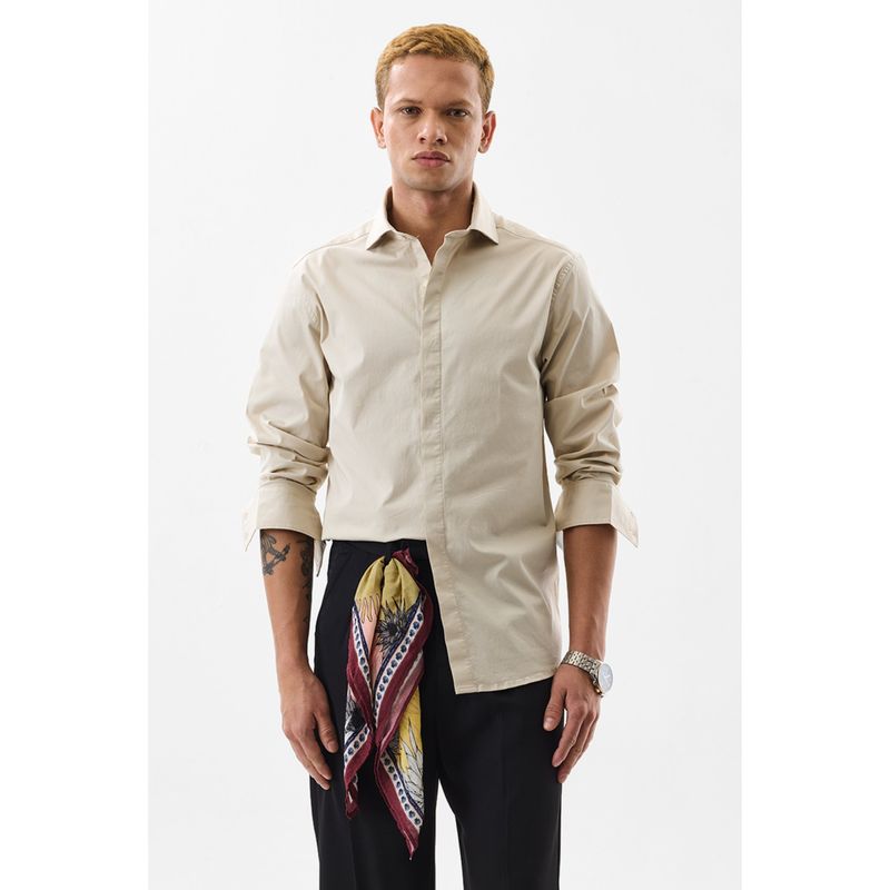 Snitch Men Cotton Lycra Solid Slim Fit Collar Neck Beige Casual Shirt (2XL)