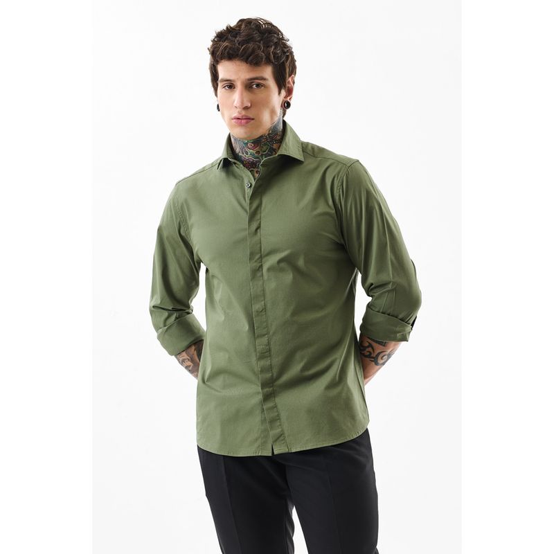Snitch Men Cotton Lycra Solid Slim Fit Collar Neck Olive Casual Shirt (2XL)