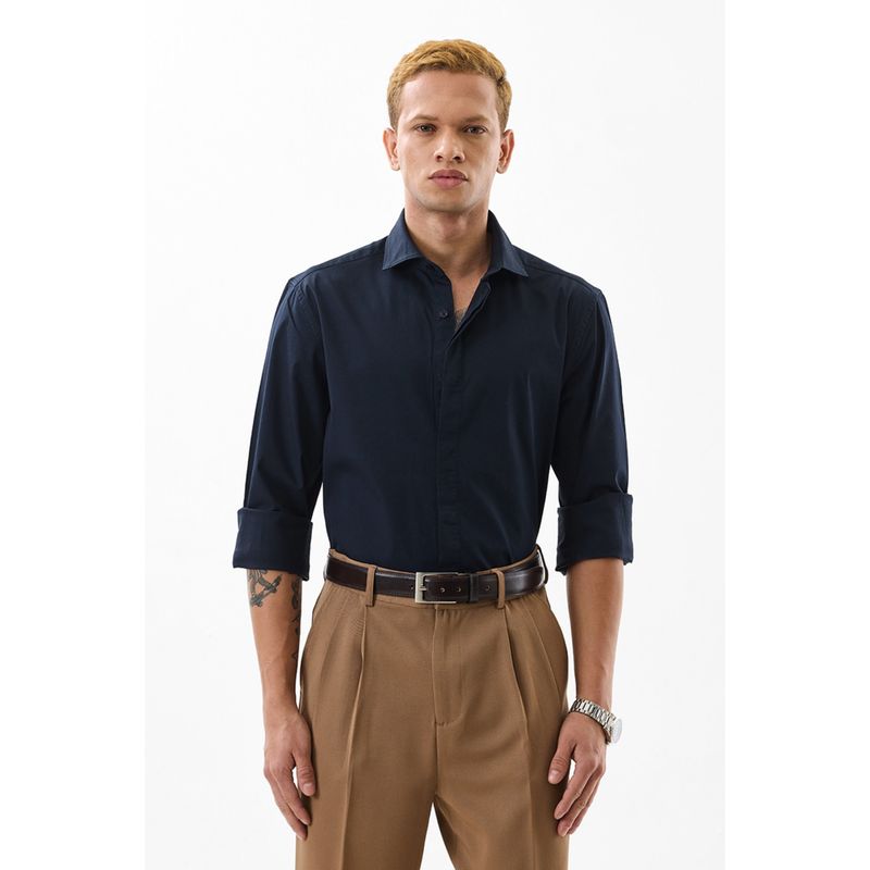 Snitch Men Cotton Lycra Solid Slim Fit Collar Neck Navy Blue Casual Shirt (XL)