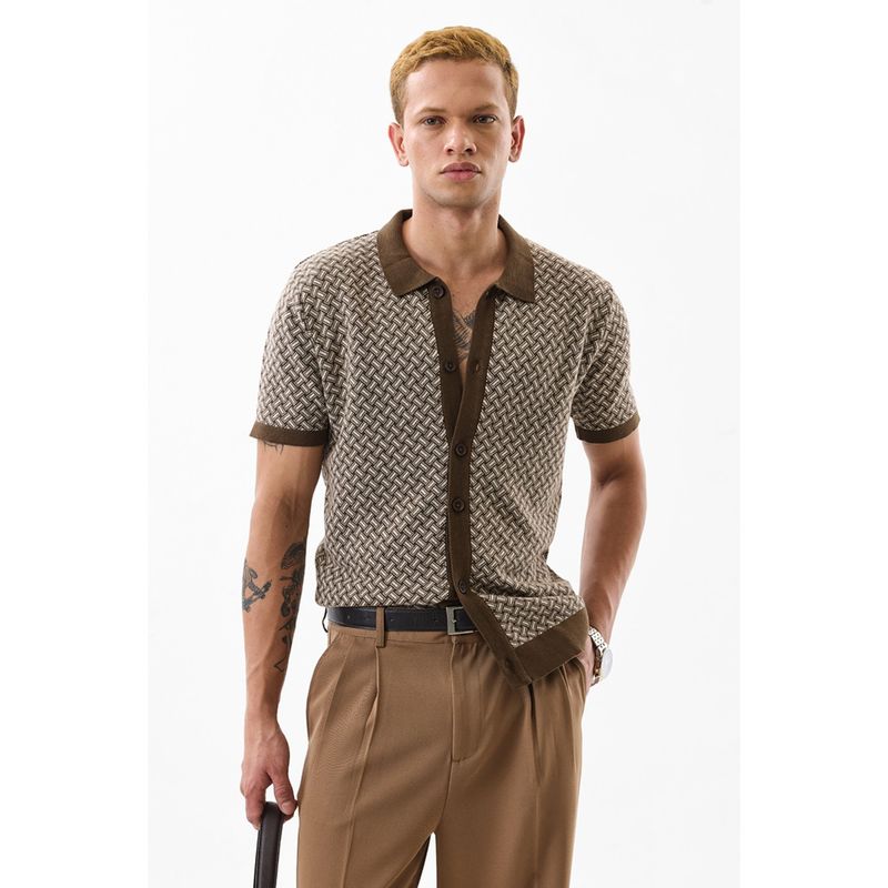 Snitch Men Cotton Geometric Slim Fit Collar Neck Beige Casual Shirt (XS)
